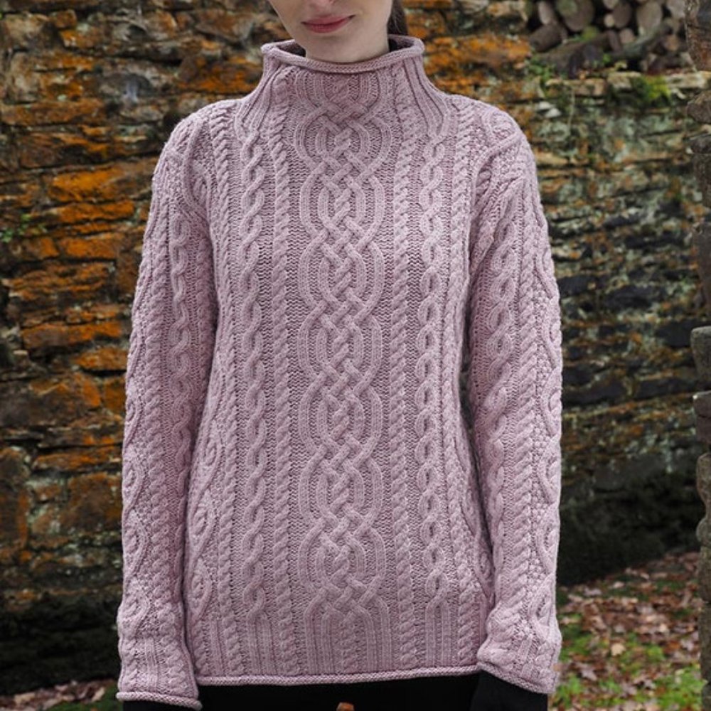 Aran Sweater Market Merino Wool Roll Neck Sweater Size Medium Color Dusty Pink